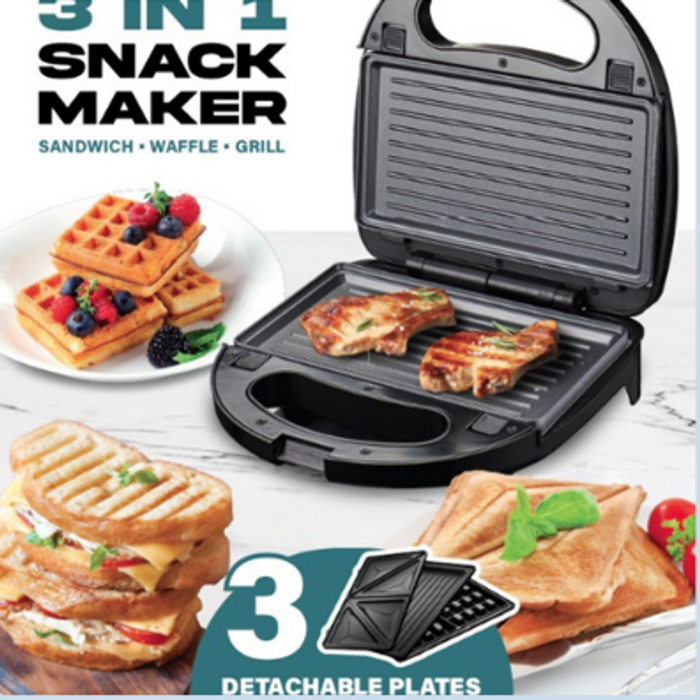 Efficient 750W 3-IN-1 Snack Maker - Perfect Toasties, Wraps, and Sandwiches