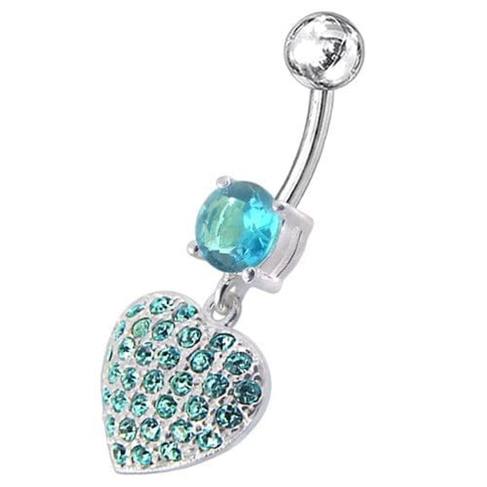 Fancy  Jeweled Heart Dangling SS Bar Belly Ring