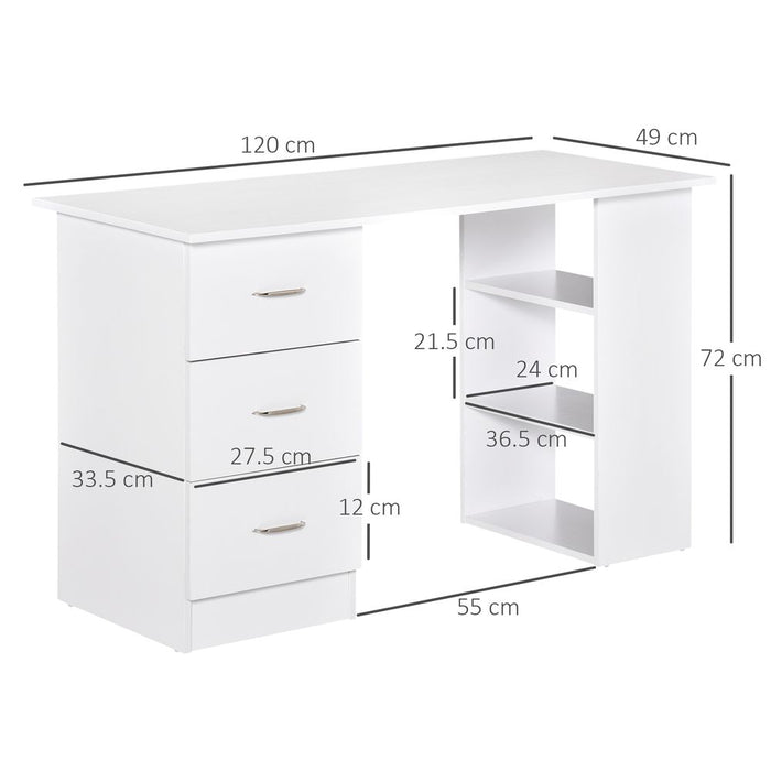 120cm Computer Desk PC Table Workstation - 3 Shelf & Drawers - White