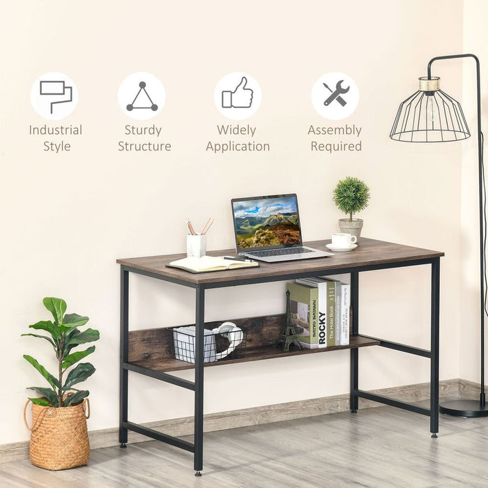 Durable 2-Tier Writing Desk w/ Storage Shelf - Rustic Brown