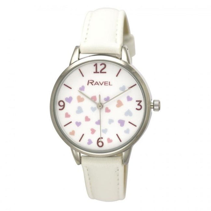 Hearts Leather Strap Watch - White - Ravel RF012.4