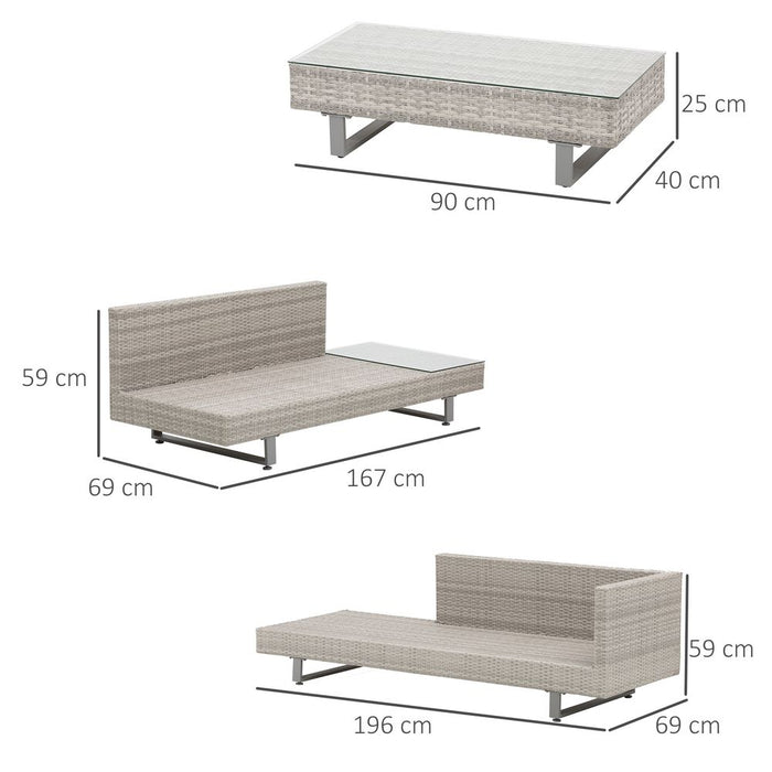 Outsunny 3pc Rattan Sofa Set Tea Table, Side Table & Cushioned Grey - Outdoor Lounge Furniture