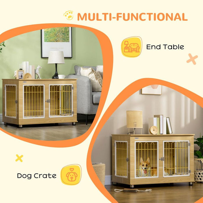 Luxury Dog Crate Furniture - End Table with Cushion, Double Door - Oak Tone