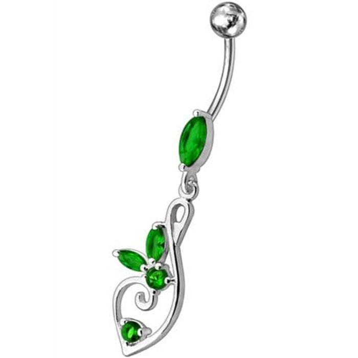 Silver Fancy Flower Jeweled Dangling  SS Bar Belly Body Ring