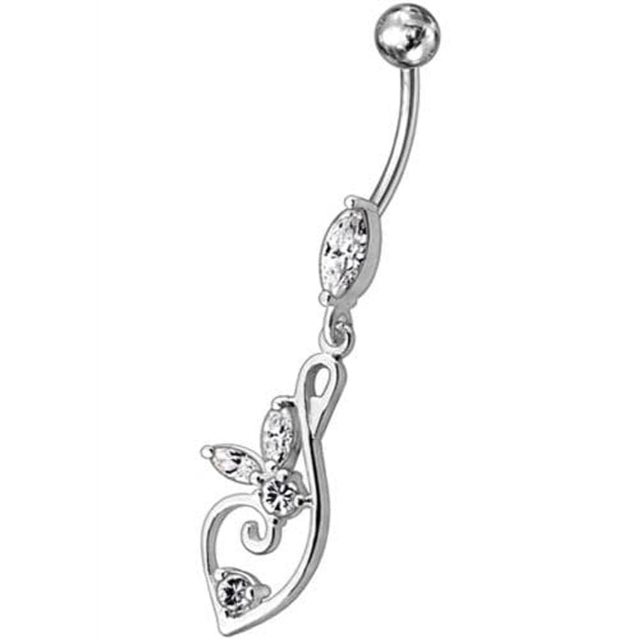 Silver Fancy Flower Jeweled Dangling  SS Bar Belly Body Ring