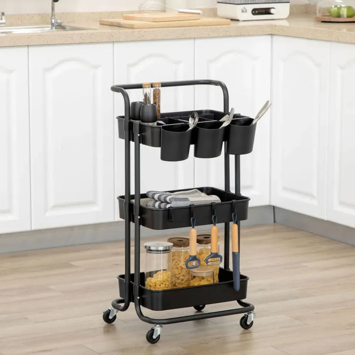 3-Tier Utility Cart, Serving Trolley with Mesh Baskets Removable Boxes, Black