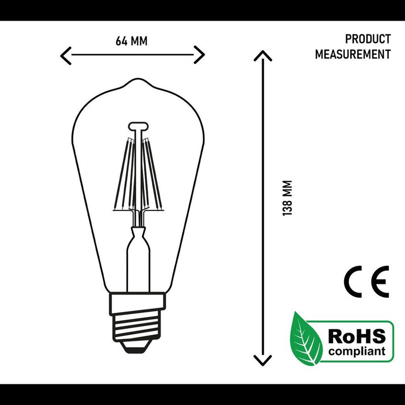 E27 LED Edison Dimmable Vintage Amber Glass Light Bulb - 2 Pack, Warm White 2700K - Professional Quality