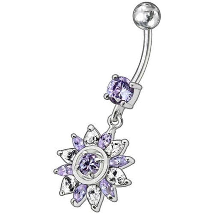 Fancy  White Royal Flower Jeweled Dangling SS Bar Belly Ring