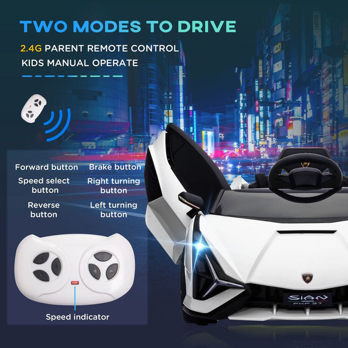 HOMCOM Lamborghini Sian Licensed 12V Kids Electric Ride On Car 2 Motors Toy Car with Remote Control Music Lights MP3 for 3-5 Years White