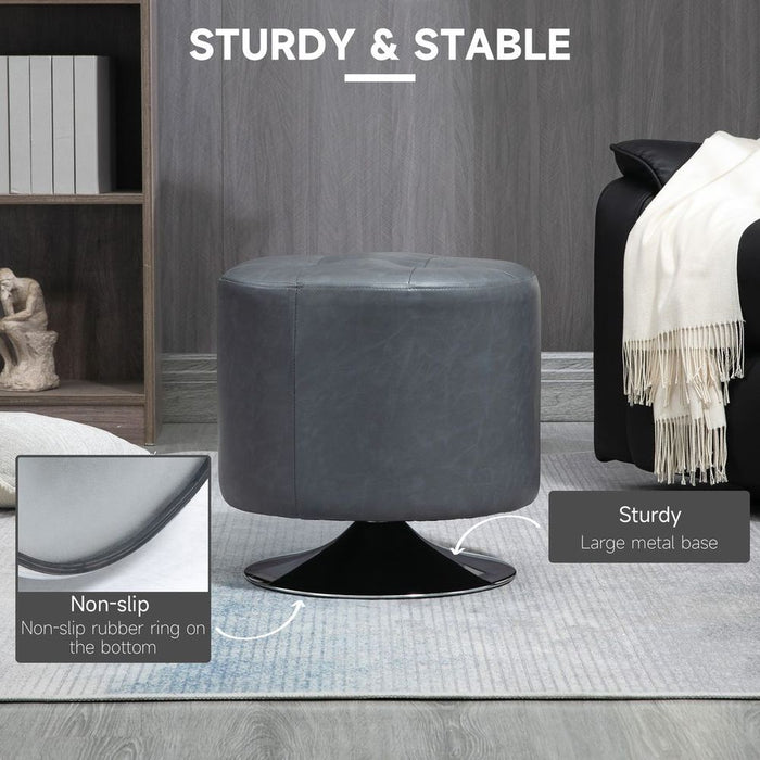 360 Swivel Foot Stool Ottoman, Grey - Thick Padding, Steel Base - High-Quality PU Leather