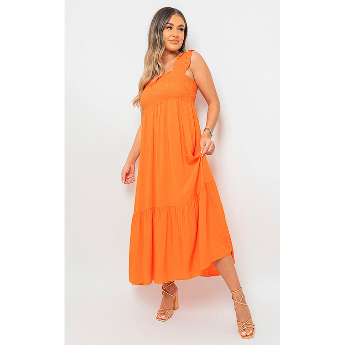 Wide Ruffle Strap Smocked Midi Dress