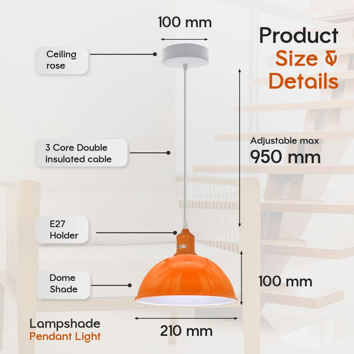 2Pack Dome Shaped Orange Loft Style Sturdy Metal Lamp Shade Pendant Lights 21cm Bottom Spray Painted Finish Inner White