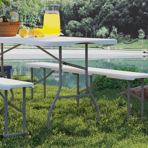 Outsunny 3 Piece Folding Picnic Table and Bench Set with Handles, White