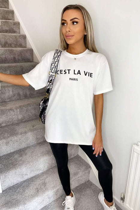 Ladies Oversized C'est La Vie Paris Simple Fashion Classic Retro Short Sleeves T Shirt Top