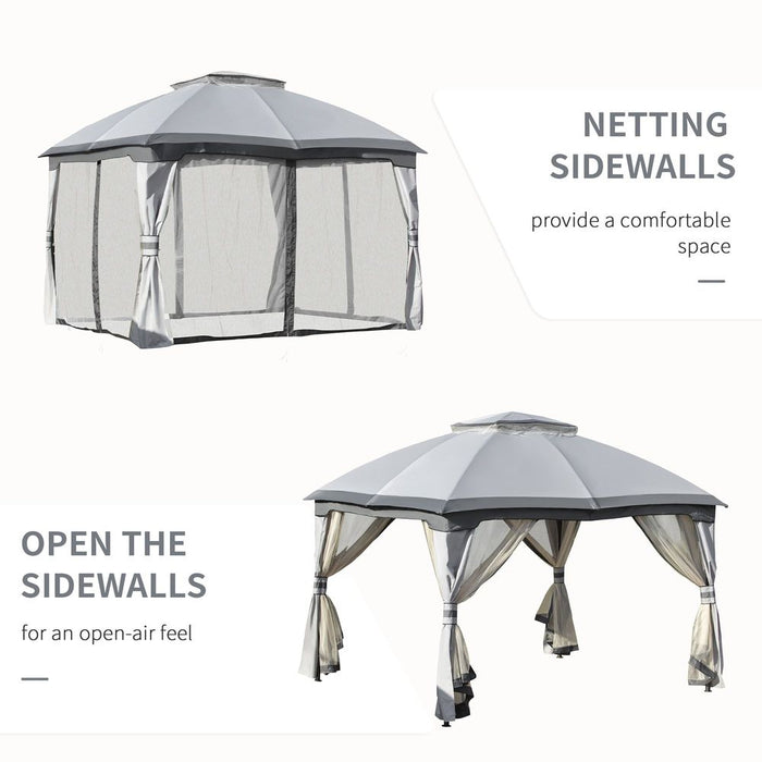 Premium 4x3m Metal Gazebo Canopy & Netting Sidewalls, Double Tiered Roof, Grey