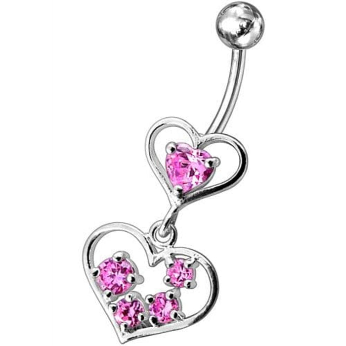 Fancy Jeweled Heart Dangling SS Bar Body Belly Ring