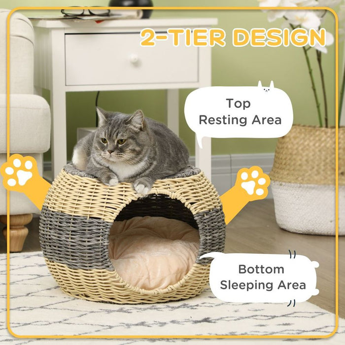 PawHut Wicker Cat House, Rattan Raised Cat Bed - Best Quality, Comfy Cushion - 40x30cm