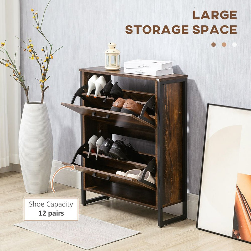 HOMCOM Rustic Brown Shoe Cabinet - 2 Flip Door, Divider, Entryway