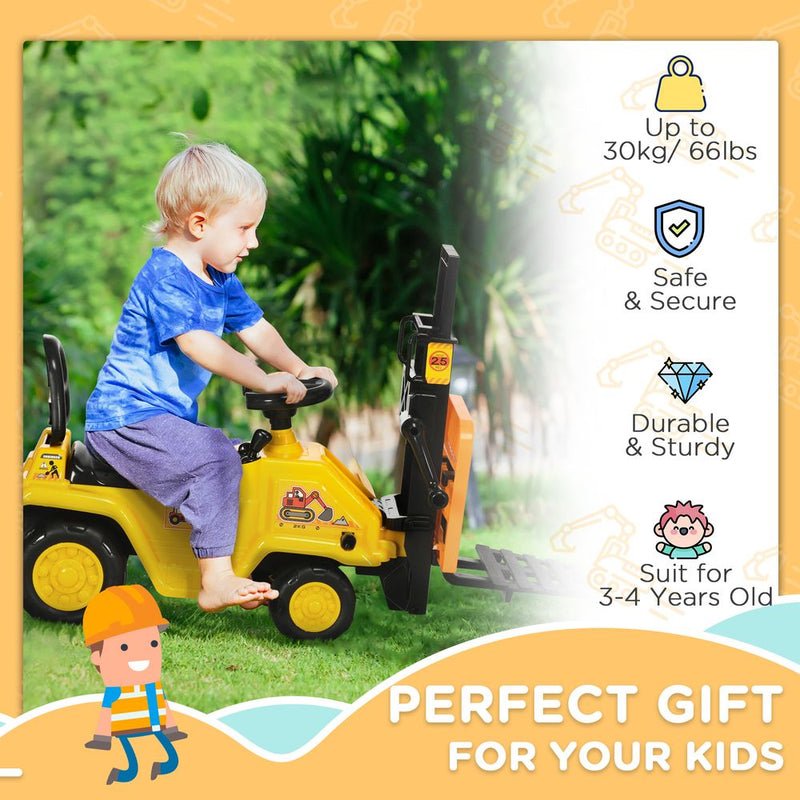 HOMCOM Kids Ride on Forklift Truck w/Fork and Tray, Ride On Tractor w/Under Seat Storage, Treaded Wheels, No Power Design, for 3-4 Years Old