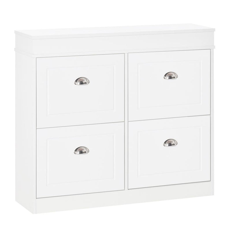 HOMCOM Shoe Cabinet with 4 Flip Drawers Wood Tipping Bucket Narrow Storage Cupboard with Adjustable Shelf, for Hallway, White, 98L x 24W x 83H cm