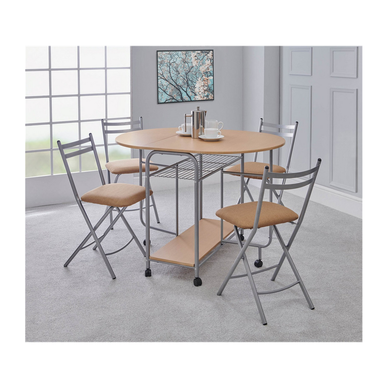 Greenhurst Stowaway Dining Set, Drop Down Table & 4 Folding Chairs, Max Table Size: L115 x D84 x H80cm (Oak and Silver)