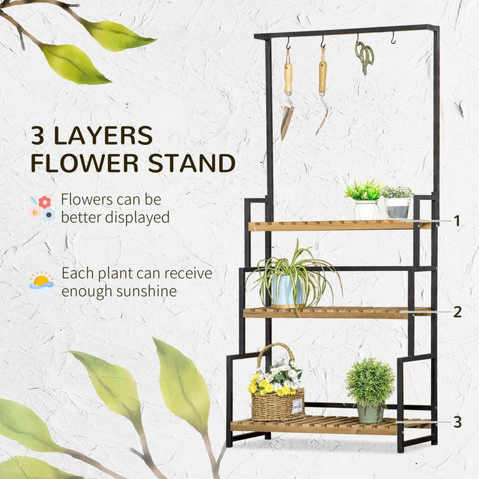 3-Tiered Plant Stand Rack | Hanging Hooks | Indoor Outdoor Decoration