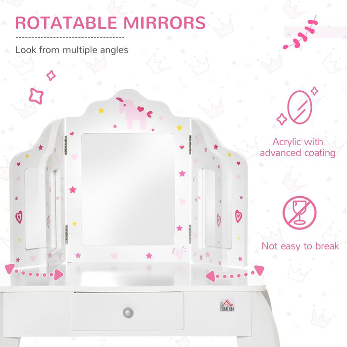 HOMCOM Kids Vanity Table & Stool Girls Dressing Set Make Up Desk Chair Dresser Play Set with Rotatable Mirrors Drawer Star & Heart Pattern White E