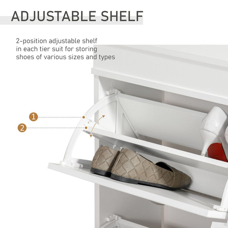 HOMCOM Shoe Cabinet with 4 Flip Drawers Wood Tipping Bucket Narrow Storage Cupboard with Adjustable Shelf, for Hallway, White, 98L x 24W x 83H cm