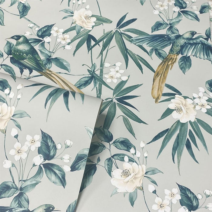 Exquisite Oriental Floral Birds Grey/Blue Wall Art