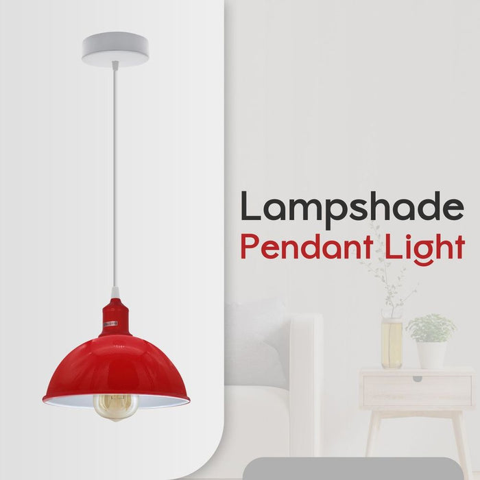 Dome Shaped Red Loft Pendant Lights 2Pack - Sturdy Metal Lamp Shade - 21cm Spray Painted Finish - Inner White - High Quality