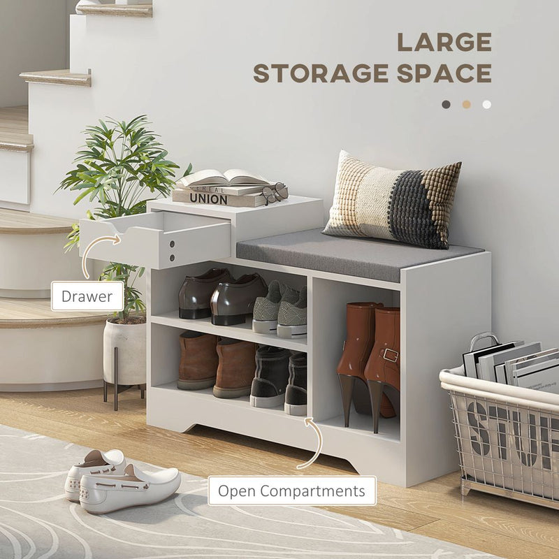 HOMCOM Upholstered Entryway Shoe Bench with Storage Drawer Open Shelf White