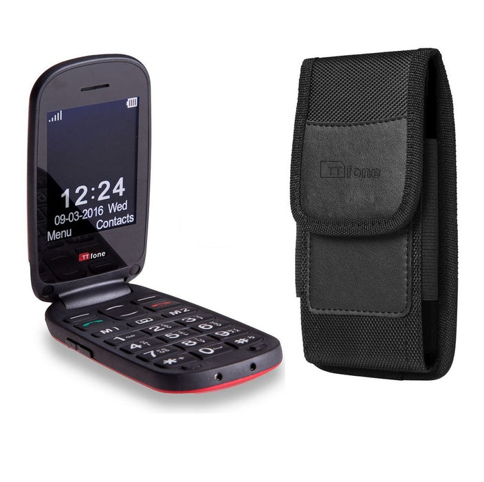 TTfone Lunar TT750 Red Flip Big Button Senior Mobile Bundle - Unlocked SIM, Nylon Holster Case (TTCB4)