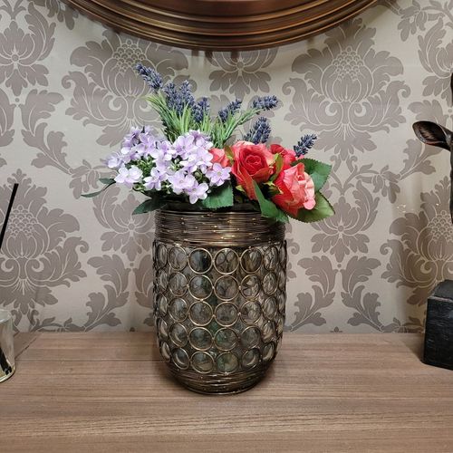 9" GLASS CANDLE HOLDER IN METAL FRAME