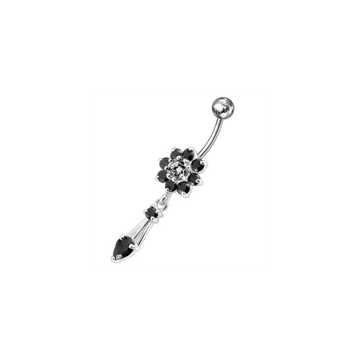 Jeweled Fancy Flower Dangling SS Banana Bar Navel Ring