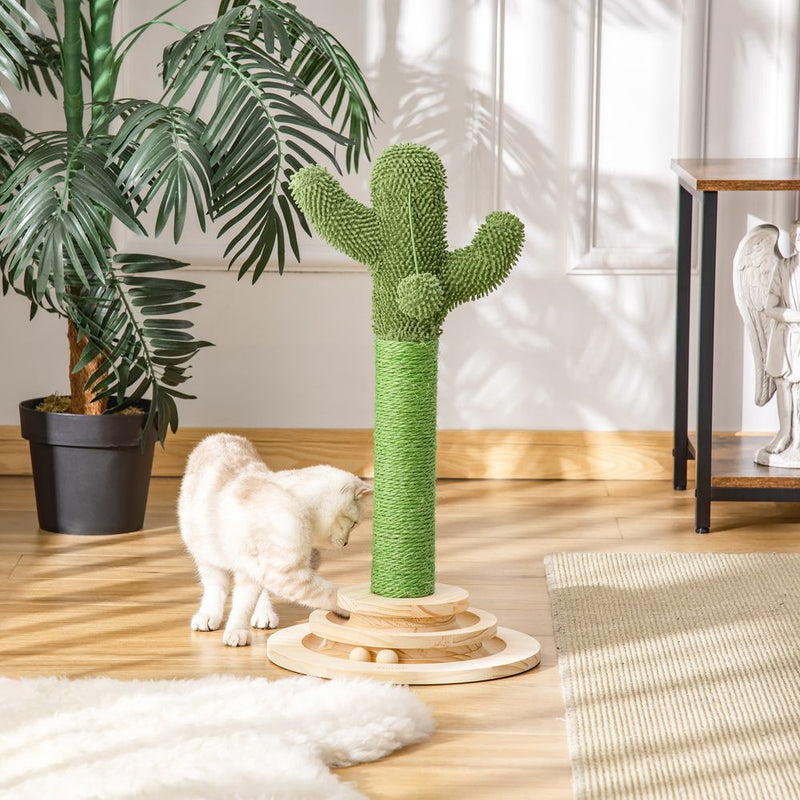 PawHut Cat Tree Cactus Sisal Scratching Post for Indoor Cats Play Tower Kitten Furniture with Hanging Ball Interactive Fun Roller Exerciser 32 x 32 x 60cm