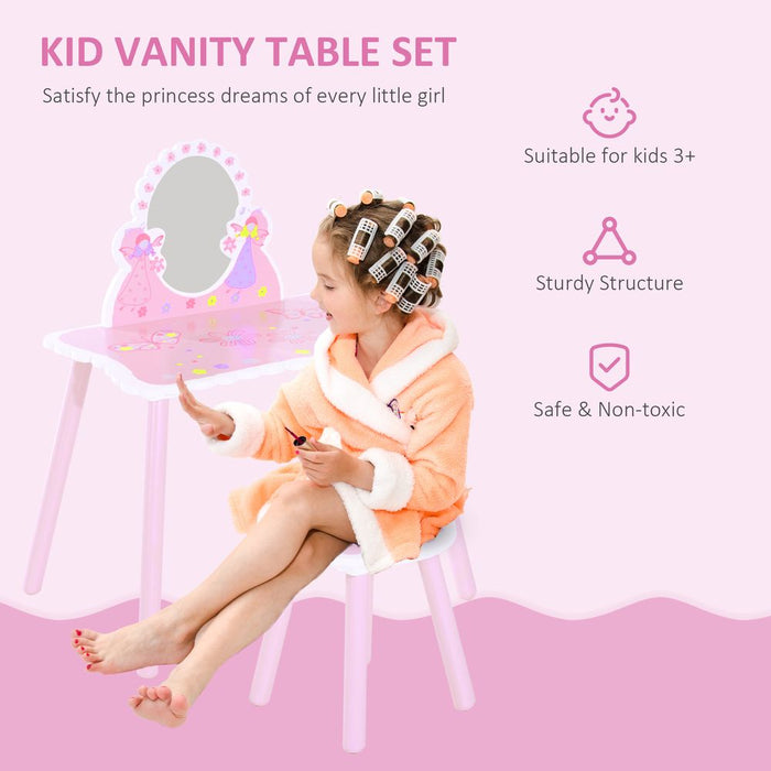 HOMCOM Kids Dressing Table Girls Pink Wooden Kids Dressing Table & Stool Make Up Desk Chair Toys Fairy Dresser Play Set w/Mirror