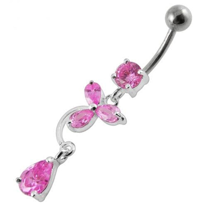 Fancy Flower Jeweled Dangling Banana Bar Belly Ring