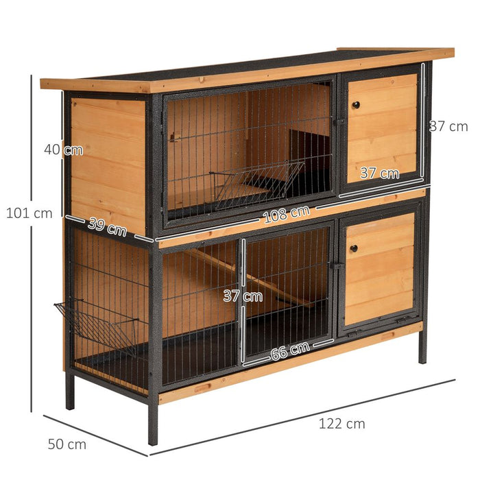 PawHut 2 Tier Wooden Rabbit Hutch Guinea Pig Hutch Bunny Cage Metal Frame Elevated Pet House with Slide-Out Tray Feeding Trough Ramp Lockable Door Openable Roof Light Yellow 122 x 50 x 101cm