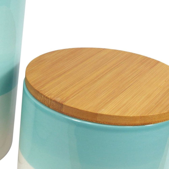 Set of Three Canisters Aqua Green Ceramic Storage Jars with Lids