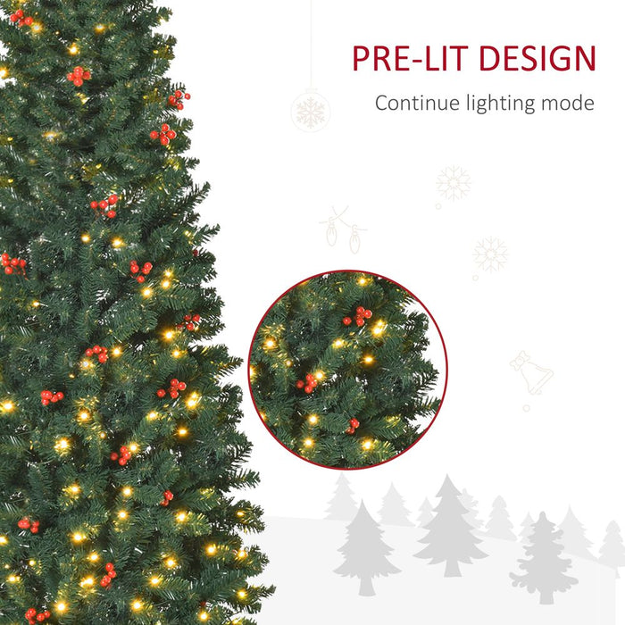 6FT Prelit Artificial Pencil Christmas Tree Warm White LED Red Berry Green