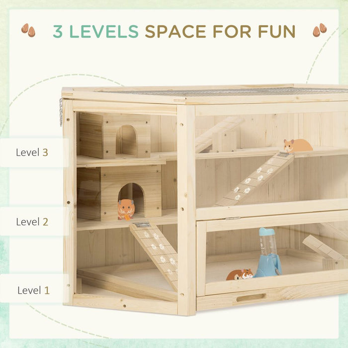 PawHut Wooden Large Hamster Cage Small Animal Exercise Play House 3 Tier with Sliding Tray, Seesaws, Water Bottle, Natural