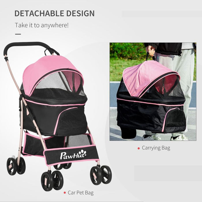 PawHut 3 In 1 Pet Stroller, Detachable Dog Cat Travel Carriage - Pink