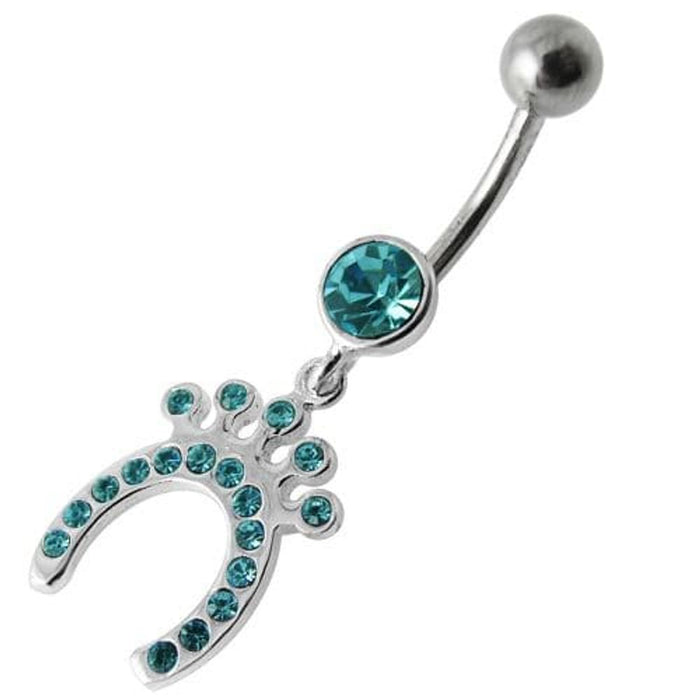 Silver Horseshoe Jeweled Dangling SS Bar Belly Ring