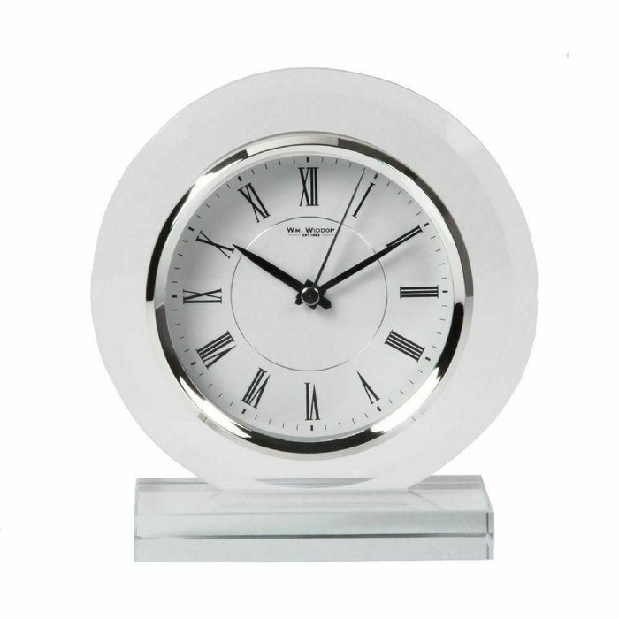 Wm.Widdop Round Glass Mantel Clock - Contemporary Design, Silver Bezel, Roman Numeral Dial - Perfect Gift, Long-lasting Style