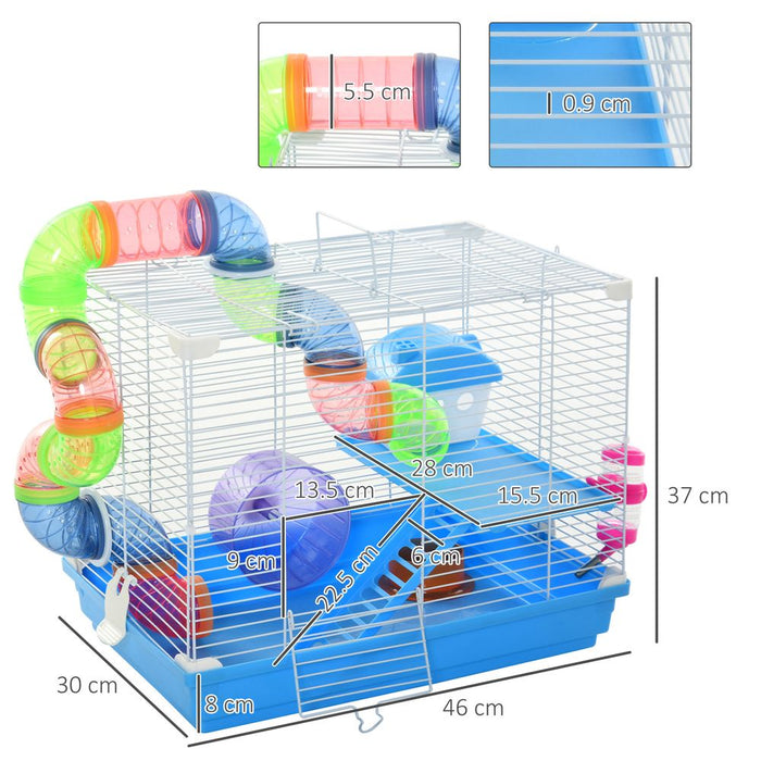 Pawhut 2 Tier Hamster Cage Carrier Habitat Small Animal House with Exercise Wheels Tunnel Tube Water Bottle Dishes House Ladder for Dwarf Mice, Blue