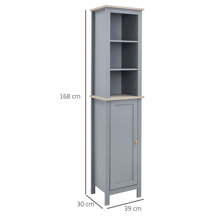 kleankin Bathroom Floor Storage Cabinet with 3 Tier Shelf and Cupboard with Door, Free Standing Linen Tower, Tall Slim Side Organizer Shelves, Grey