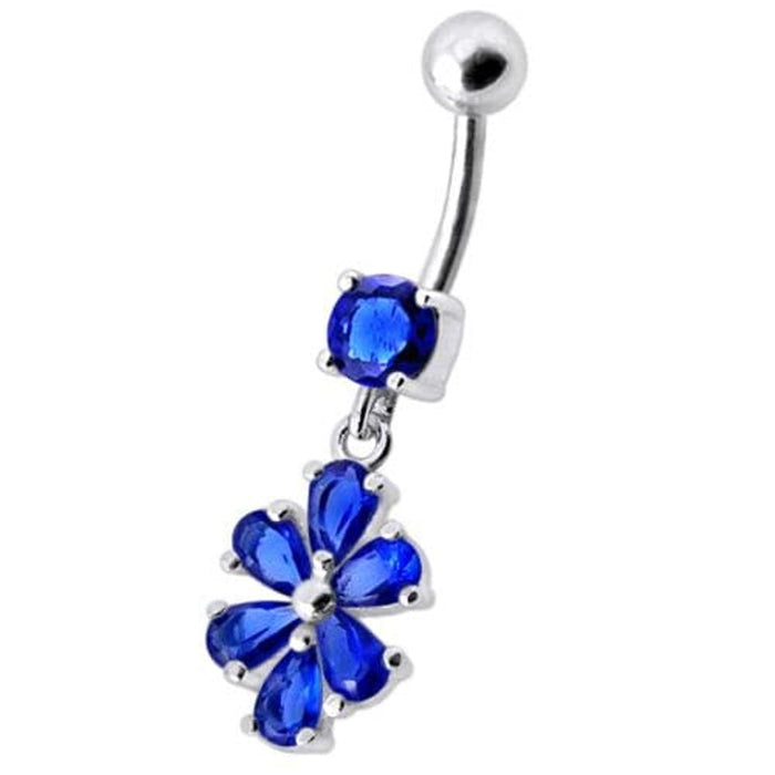 Fancy  Flower Jeweled Silver Dangling With SS Bar Navel Ring