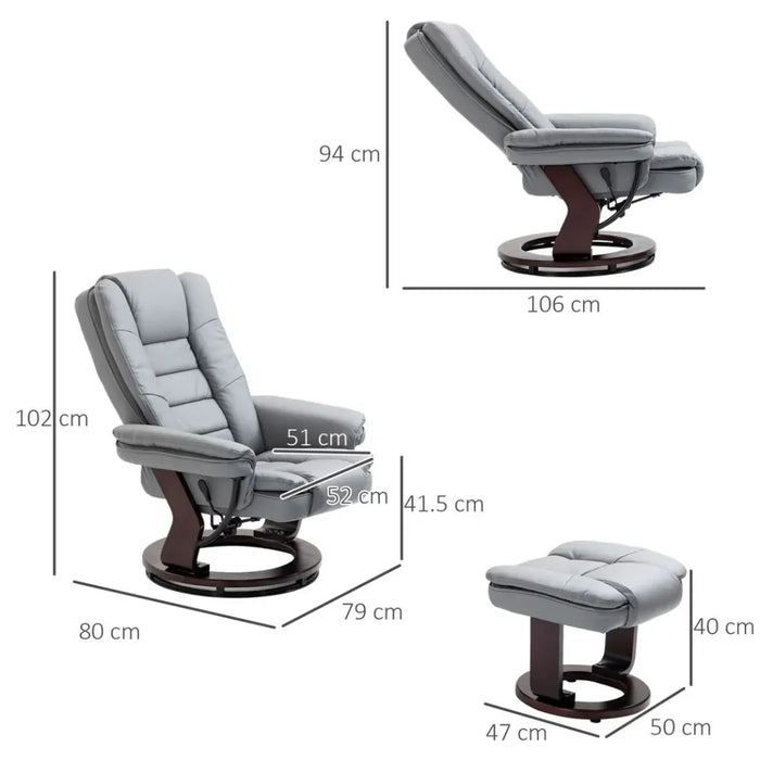 Swivel Manual Recliner and Footrest Set PU Lounge Chair Wood Base, Grey