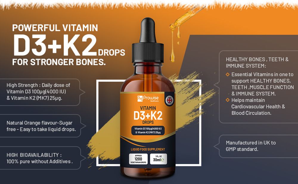 High Strength Vitamin D3 + K2 Orange Liquid Drops I Easy to Take I Bones, Immune System I 30ml