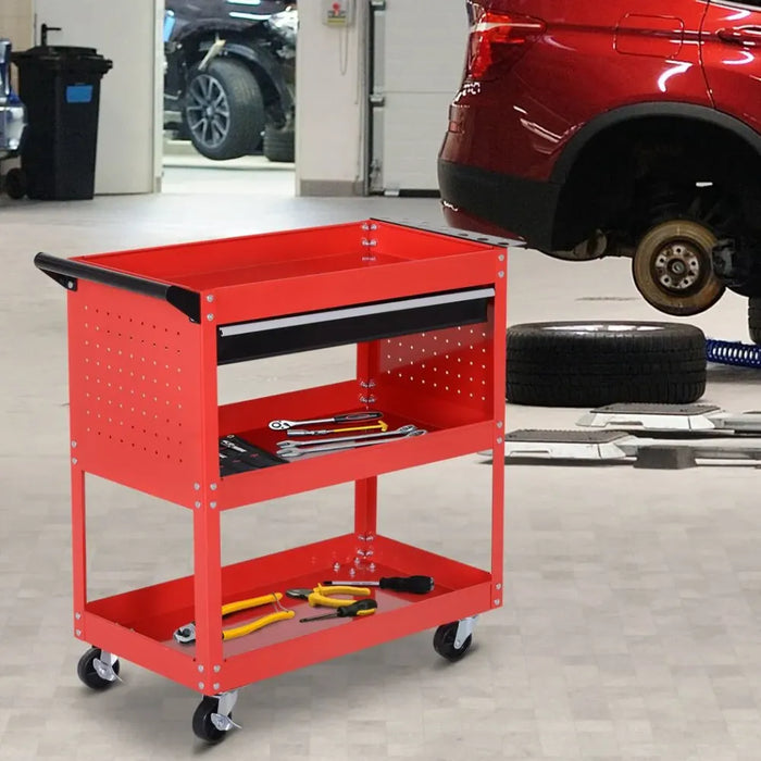 3-tier Tool Trolley Cart Roller Cabinet Storage Box Lockable Casters Red